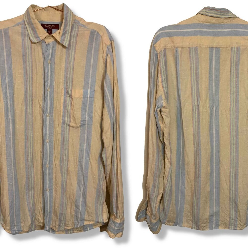 Murano by Raffi Collar Button Down Pocket Long Sleeve Striped Men M Yellow
